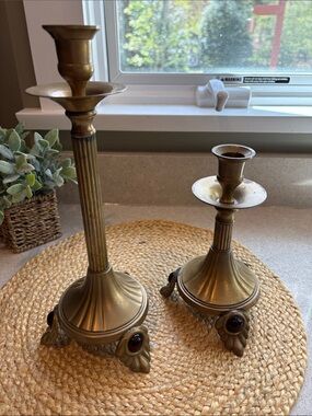 Pair of Vintage Brass Candlesticks Leaf Footed w/ Ruby Colored Gemstone